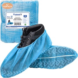 ProtectX Premium Disposable Shoe Covers, Large 100-pack (50 pairs), Water & Slip Resistant, Durable Non-Woven Polypropylene Fabric for Booties, Fits Up to 10.5 US Men and 12 US Women Size, Blue