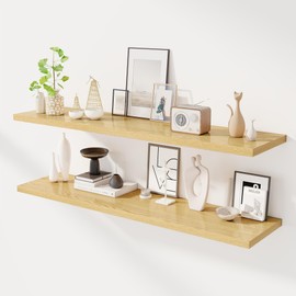 55" Floating Shelves for Wall, 12" Deep Slim Oak Floating Shelves, Wall-Mounted Shelves for Bedroom, Living Room, Kitchen, Bathroom - Set of 2