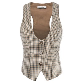 GRACE KARIN Womens Vest Jacket Vintage Sleeveless Dressy Plaid Vest Suit Blazer(L, Brown Plaid)