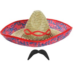 Mexican Sombrero and Tash Costume Set - Pack of 1 - Red Sombrero Straw Hat and Black Mexican Moustache - Mexico Party Fancy Dress Costume Accessory Set