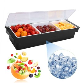 POWLAB Ice Cooled Condiment Serving Container Fruit Veggie Condiment Caddy Plastic Garnish Station with Lid for Fruit,Ice Cream,Salad Bar-Topping Organizer for Restaurant Supplies (3 Compartments)