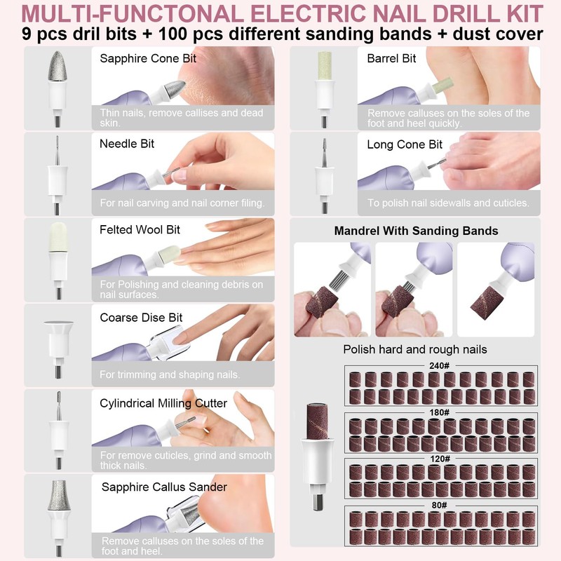 Professional Manicure Pedicure Kit, 9 in 1 Cordless Electric Nail