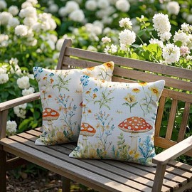 Cirzone Outdoor Cushion Covers, Pack of 2, 45 x 45 cm, Decorative Outdoor Cushion, Spring Pink Mushroom Cushion Covers for Sofa Cushion, Garden, Outdoor