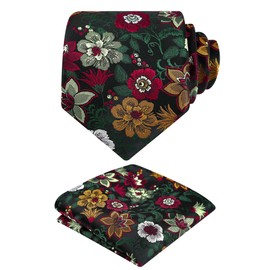 Alizeal Mens 3.15inches Rose Flower Pattern Tie with Floral Printed Pocket Square Set, Olive Green/Burgundy