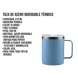 Termo De Acero Inoxidable 14 Oz (414ML) Térmico, Doble Capa, 10 Horas de Duración, Taza Para Café, Bebidas Frías y Calientes (Azul Celeste)