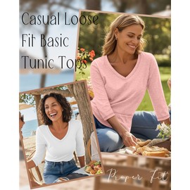 Ficerd 3 Pack Women's 3/4 Sleeve T Shirts, V Neck Cotton Shirts Casual Loose Fit Summer Basic Tunic Tops Solid Trendy Tees(Light Pink, White, Light Blue,Large)