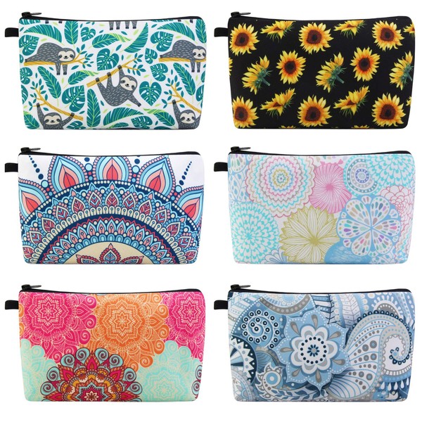 MAGEFY Makeup Bag 6 Styles Portable Travel Cosmetic Bag for Women Flower Patterns Zipper Pouch Sloth Gifts Makeup Pouch for Girls with Black Zipper (6 Packs)