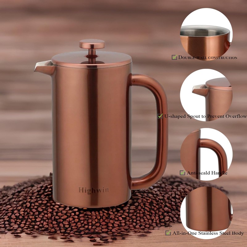 Highwin 8-Cup Double Wall Insulated Stainless Steel French Coffee Press,