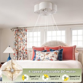 Gryalcy 20" Boho Ceiling Fan with Light, Rattan Caged Flush Mount Ceiling Fan with Light Remote Control, Enclosed with 6 Speeds for Bedroom, Living Room, Foyer, Nursery (Beige)