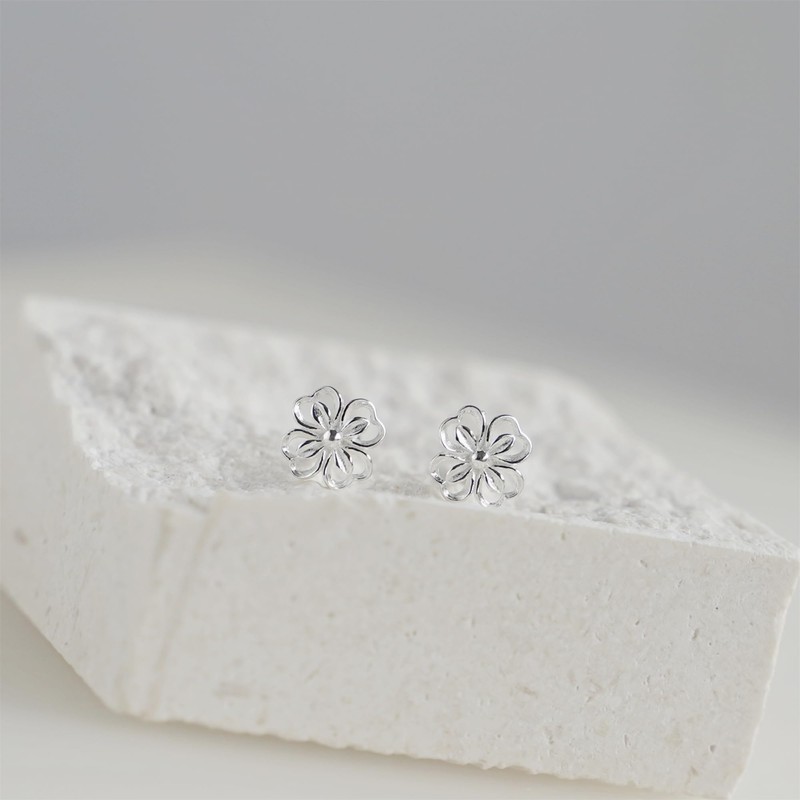 Fine Silver Lucky Four-Leaf Clover Screw Back Beaded Stud Earrings