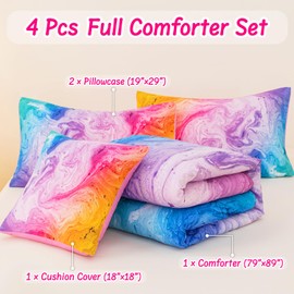 ASKOTU 4 Pcs Tie Dye Full Comforter Set for Girls, Watercolor Marble Abstract Art Superior Kids Bedding Sets Full Size, Pink Purple Blue Colorful Teenage Girls Comforter Sets
