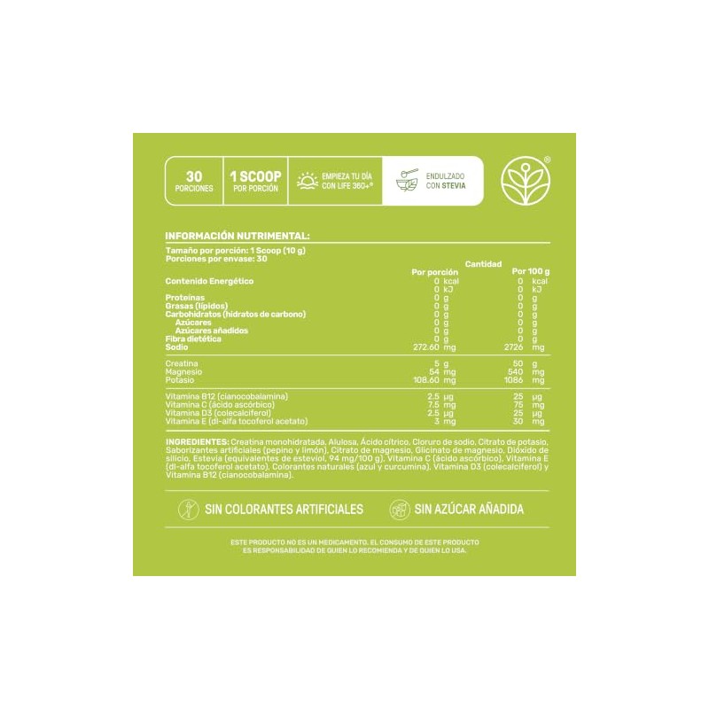LIFE 360+ Creatine Electrolytes Refresher 300 Gramos | Sabor Pepino