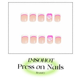 IMSOHOT Square Press on Nails Short Fake Nails with Flower Designs White Pink French Tip False Nails Cute Summer Glue on Nails Full Cover Acrylic Stick on Nails for Women Girls Manicure Kit