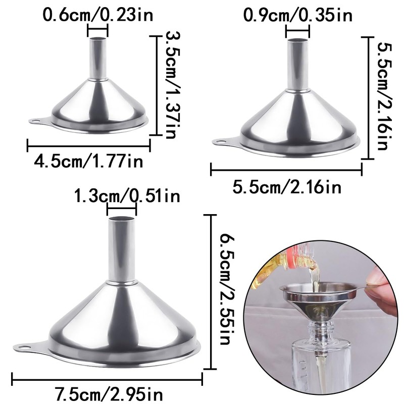 WELANE Metal Funnels, 3 PCS Small Stainless Steel Kitchen Funnels