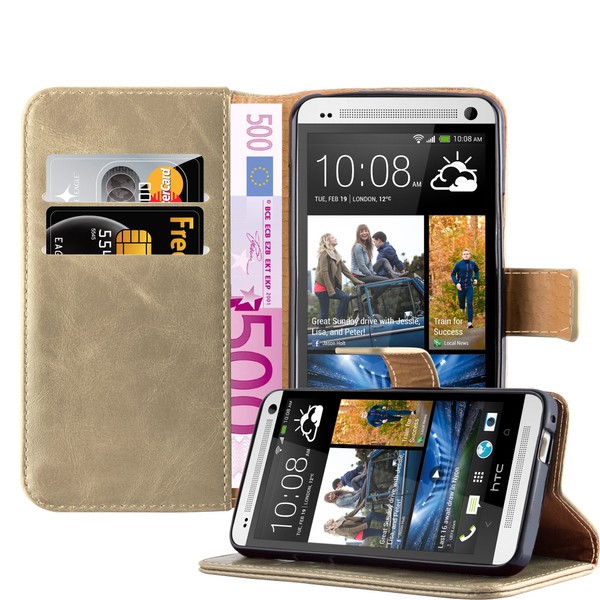 cadorabo Book Case works with HTC One M7 in CAPPUCCINO BROWN - with Magnetic Closure, Stand Function and Card Slot - Wallet Etui Cover Pouch PU Leather Flip