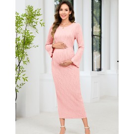 AISWI Maternity Dress Ribbed Knit Long Sleeve Round Neck Bodycon Mid Pregnancy Dresses Casual Baby Shower Bell Sleeve, Light Pink, Medium