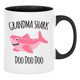 Exxtra Gifts Grandma Shark Mug - Grandmother Mug - Grandma Doo Doo Cup From Grandkids - Grammy Birthday 11 oz Two-Toned White With Black Handle and Inside Mug