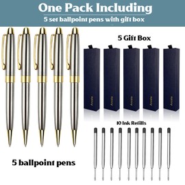 Ancolo Ballpoint Pens, Silver Chrome Metal Pens with Gold Trim, Gift Set for Men & Women, Professional, Executive, Office, Nice Pens-Gift Box with 0.5mm Black Extra Refill 5 Pcs/Set