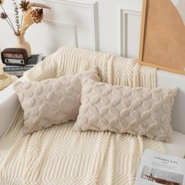 UGASA Fall Soft Plush Faux Fur Throw Pillow Covers 12x20 Inch Set of 2 Luxury Jacquard Fluffy Boho Pattern Decorative Throw Pillows Pillowcases for Couch Sofa Home Decor Living Room, Beige