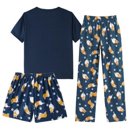 Hupohoi Kids Girls Pajama Sets Summer Short Sleeve With Shorts And Pants 3PCS Sleepwear Cute Cartoon Loungewear 6 to 17 Years, Corgi-Navy, 14
