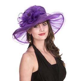 Women's Organza Church British Fascinator Bridal Tea Party Wedding Hat Summer Ruffles Cap(HJ-Purple Bowknot)