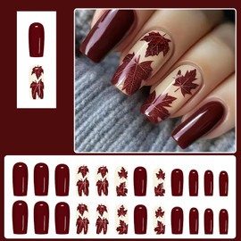 Fall Dark Red Press on Nails, Medium Square Fake Nails, Maple Leaf Designs False Nails, Acrylic Nail for Women Autumn Manicure Full Cover Glue on Nail 24 Pcs