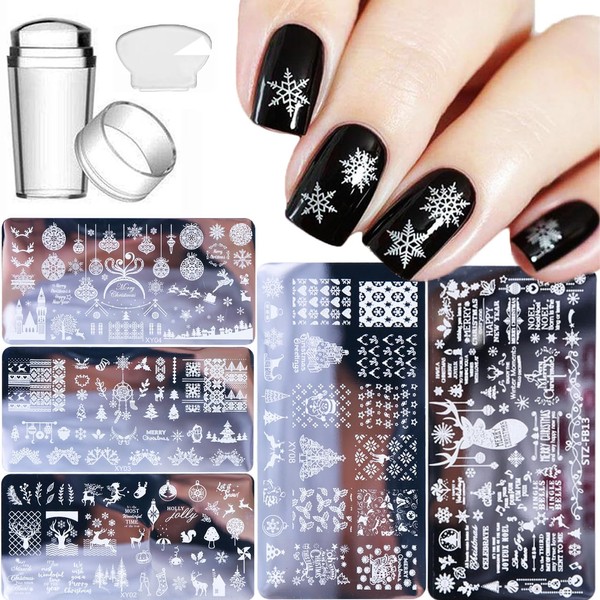 5pcs Christmas Nail Stamping Plates, Snowflake Santa Claus Christmas Tree