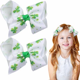 HIFANMM Green Shamrock Bow Hair Clips St Patrick's Day Hair Accessories for Women Girls Green Clover White Bow Hairpins Lucky Day Leaf Hair Barrettes Alligator Clips Irish Day Parade Party Decor 2pcs