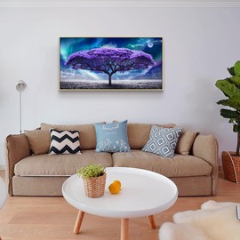 Natural Wood Framed Canvas Wall Art For Living Room Large Size Wall Decor For Bedroom Office Decor Abstract Wall Painting Purple Tree Scenery Wall Pictures Artwork Dormitory Home Decor 20" X 40"