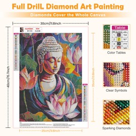 MOGTAA Buddha Diamond Art Painting Kits for Adults, Flowers DIY 5D Diamond Painting Kits for Adults Beginners, Full Round Drill Diamond Dots Crystal Craft Kits for Home Decor 30x40 cm