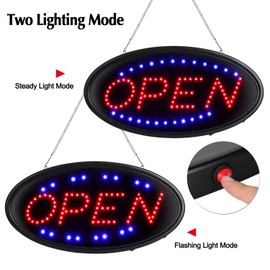 LED Open Sign with Remote, FITNATE Ultra Bright Electric Light Up Signs for Business, Timing Function, 2 Lighting Modes Flashing & Steady Advertisement Board for Store, Bar, Hotel, Cafe (19x10 inch)