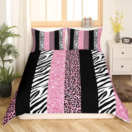 Leopard Kids Duvet Cover Set King Size,Glitter Cheetah Zebra Animals Skin Bedding Set,Girls Women Room Decor,Geometric Stripes Patchwork Comforter Cover,Pink Romantic Quilt Cover,2 Pillowcases