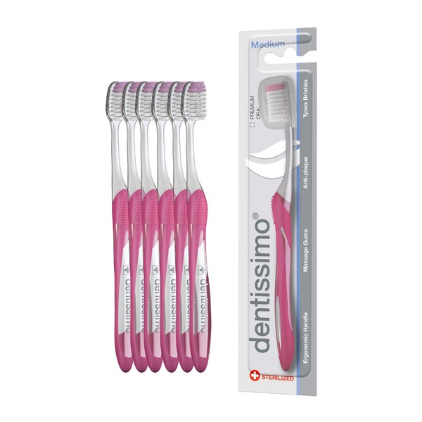 DENTISSIMO SWISS BIODENT Premium Oral Care Medium Bristle Toothbrush with Ergonomic Handle, Colors May Vary, Pack of 6