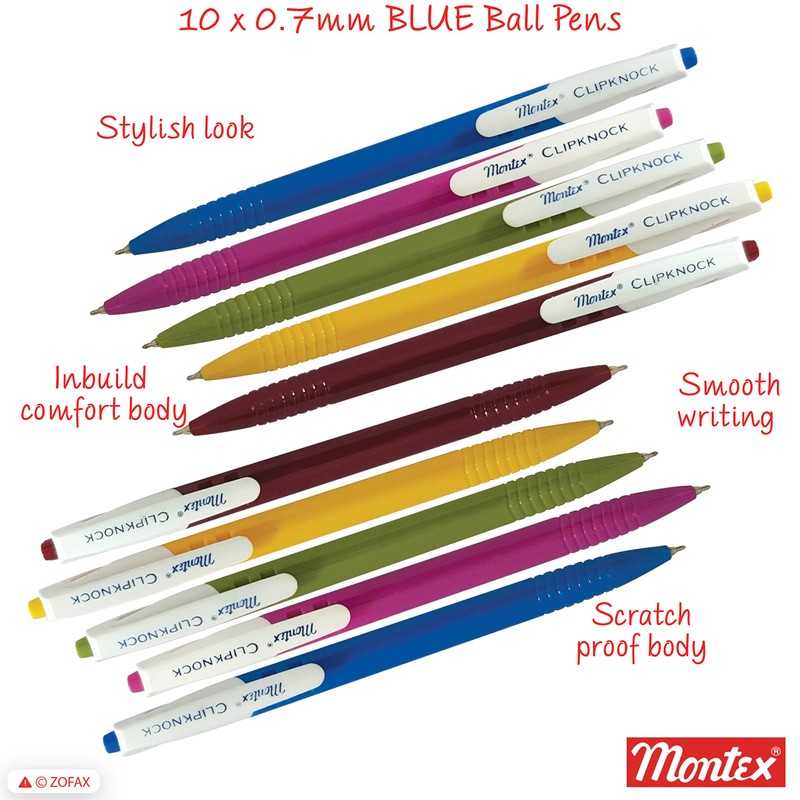 Montex 10 x 0.7mm Ball Point Pens ClipKnock BLUE Retractable