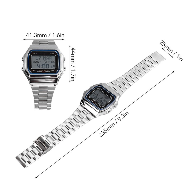 Men Muslim Digital Watch Prayer Reminder Strainless Streel Strap Waterproof