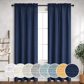 Navy Blue Curtains 96 Inches Long for Boys Room 2 Panel Set Rod Pocket Draperies Linen Cotton Canvas Textured Light Filtering Semi Sheer Dark Blue Curtain for Living Room Dining Patio Door 8 Feet Tall