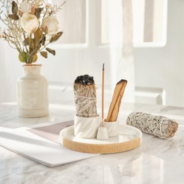 Multifunction Incense Holder, Handcrafted Ceramic Incense Burner for Palo Santo Incense Sticks Sage Bundles, Smudge Bowl, Ash Catcher, Meditation Home Decor (White-Terracotta)