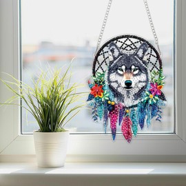 SENQAO Wolf Diamond Art Hanging Kit for Adult, Special Shaped Rhinestone, Double Sided DIY Acrylic Diamond Art Painting Window Pendants Home Garden Wall Hanging Kits Hanging Ornament (Dream Catcher)