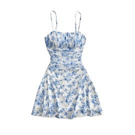 WDIRARA Women's Floral Print Ruched Cami Dress Spaghetti Strap Ruffle Hem Mesh Mini Dress Blue and White Small