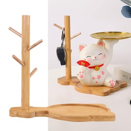 Key Tree, Wood Key Tray for Entryway Table Tabletop Key Holder Tree Jewelry Stand Display Japanese Lucky Cat Storage Tray Statue(03)