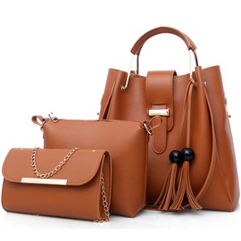 FiveloveTwo Women's Purse and Handbags 3 Pcs Bag Set PU Leather Tassel Totes Clutch Satchels Top Handle Shoulder Crossbody Bags Pack Brown