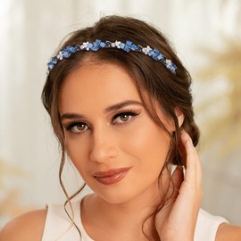 Formery Blue Crystals Headband Rhinestone Beaded Hairband Party Prom Wedding Handmade Pearl Beads Headpiece for Women and Girls