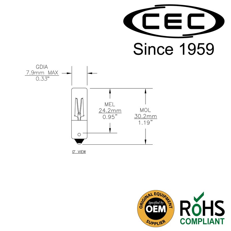 CEC Industries 120MB Light Bulbs, 120V, 3W, T2.5 Shape, CC-7A
