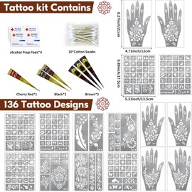 Kit de 136 plantillas para tatuajes de henna, plantillas para tatuajes temporales con 6 tintas (marrón, negro y rojo), kit de pintura facial y corporal para festivales, bodas y fiestas.
