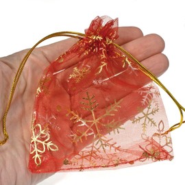 TEXASDELUXE Red Gold Snowflake Small Organza Bags with Drawstring 2x3 100 pack Tiny Small Drawstring Bags 2x3 for Party Wedding Goodies Candies & Jewelry