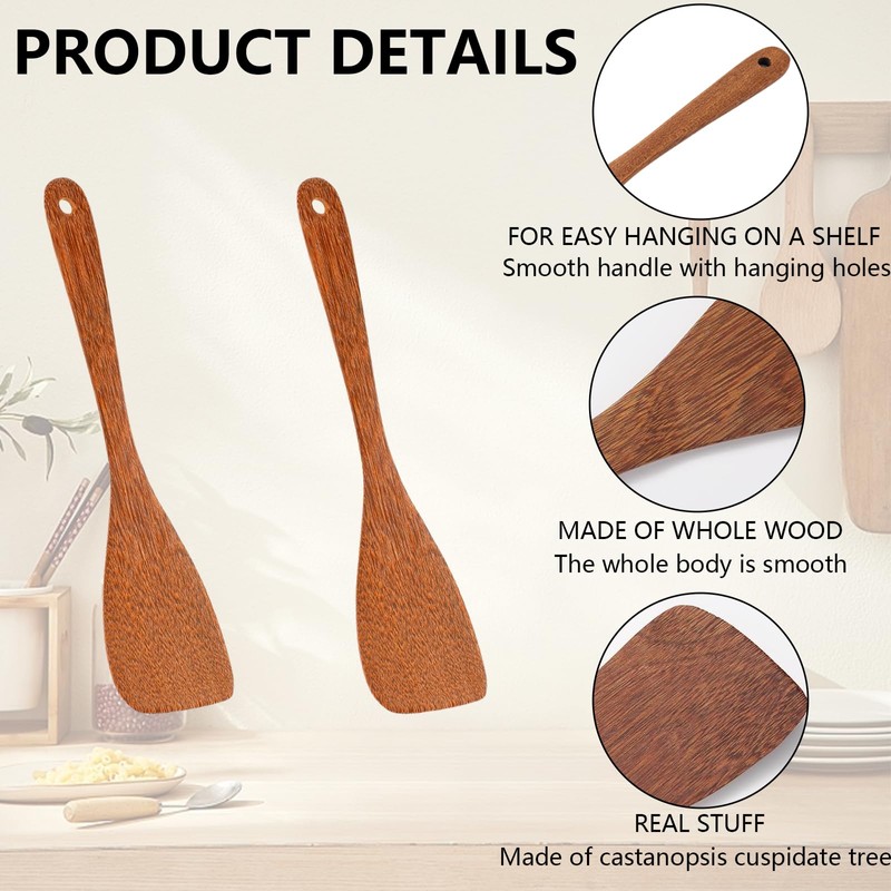 2PCS Wooden Spatula,Bamboo Spatula, Long Handle for Frying, Baking &