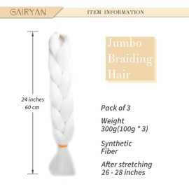 Gairyan Jumbo Braid Extensions, 60 cm, Synthetic Hair for Braiding, Hair Extensions, 3 Bundles, 300 g, Braiding Hair, Ombre, Braiding Extensions, Box Crochet Braids, White