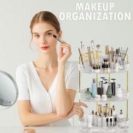 3-Tier Corner Perfume Tray Organizer, Tool-Free Installation, Vanity Shelf Makeup Cosmetic Storage, Daily Essentials Holder, Suitable for Bathroom Counter, Dresser, Toilet, Kitchen, Hotel (Amber)