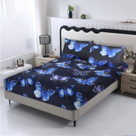 SDIII 3PCS Blue Butterfly Sheet Full Set, 1 Fitted Sheet and 2 Pillowcase, Microfiber Cute Sheets Full, Butterfly Bed Sheets for Kids Boys Girls Teens