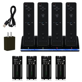 DTianSir 4 in 1 Wii Remote Charger,Charging Station with 4 Pack 2800mAh Rechargeable Battery,Plugs,USB Cable for Wii/Wii U Remote Controller (Black)